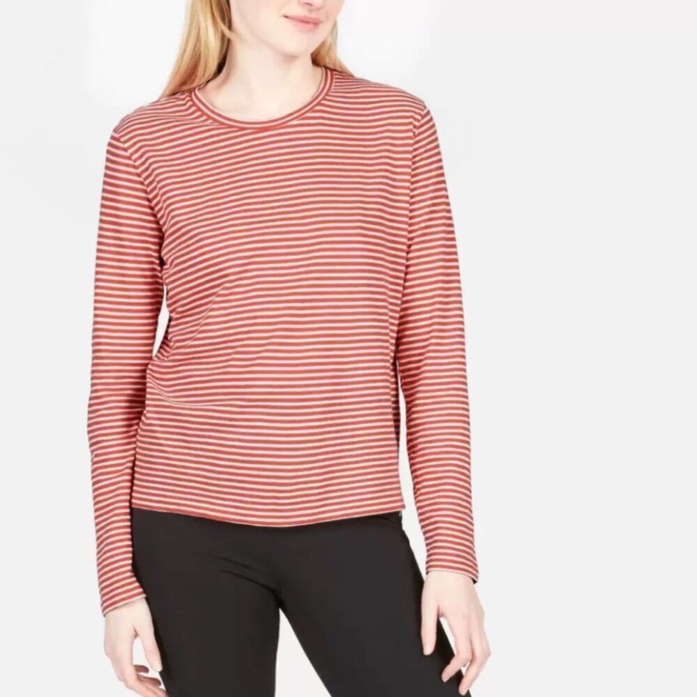 Everlane T-Shirt Women's XS Red Striped Long Sleeve Crew Neck 100% Cotton